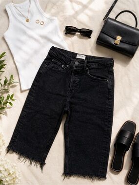 AGOLDE Carrie Black High Rise Bermuda Denim Shorts Frayed Hem Size 24